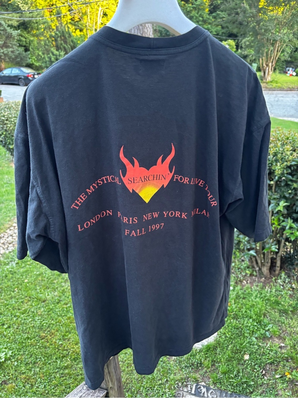 Vintage Versace Black Tee with Red and Yellow Flame Logo Searching for Love - Picture 15 of 15